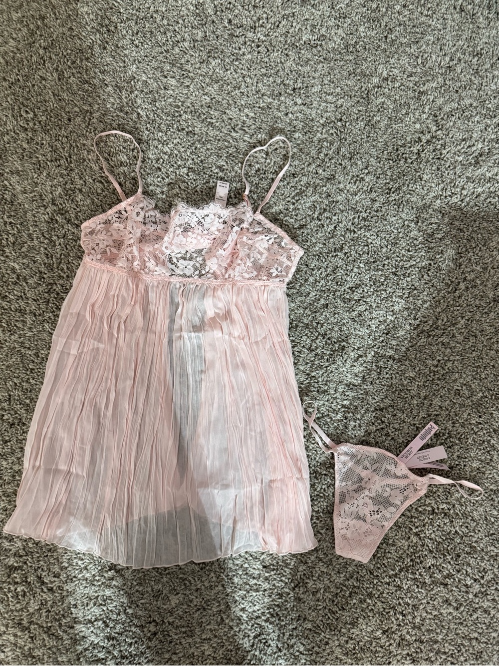 Victoria's Secret Pale Pink Lace & Pleated Chemise with Matching Thong